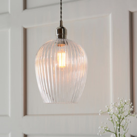 Mulberry Single Ceiling Pendant Light In Bright Nickel With Ribbed Glass 21 cm