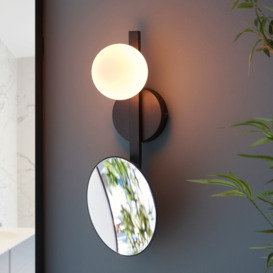 Freya Bathroom Wall Light In Matt Black With Opal Glass Shade And Mirror IP44