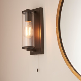 Cylinder Bathroom Wall Light In Dark Bronze With Clear Ribbed Glass Shade IP44