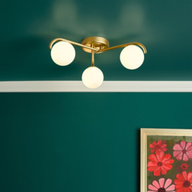Dar Lighting Orlena 3 Light Flush Ceiling Light In Satin Gold With Opal Glass Shades ORL5335