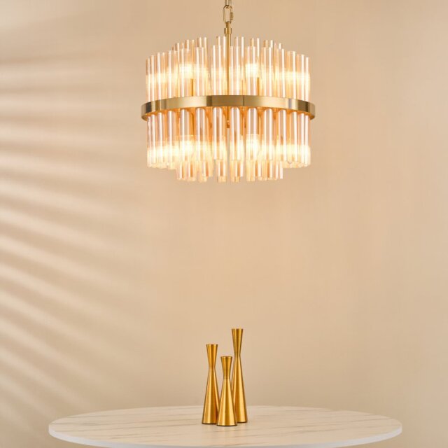 Dar Lighting Imani 12 Light Pendant Light In Natural Brass and Champagne Ribbed Glass IMA1235
