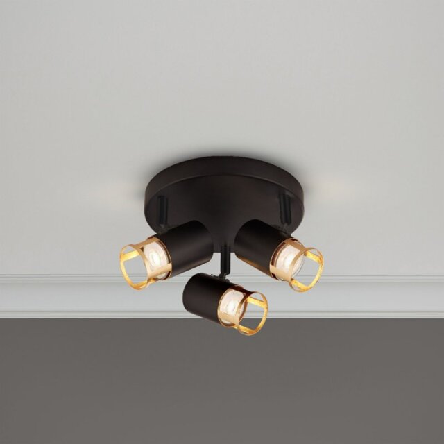 3483-3BG Laser 3 Light Round Ceiling Spotlight In Black And Gold