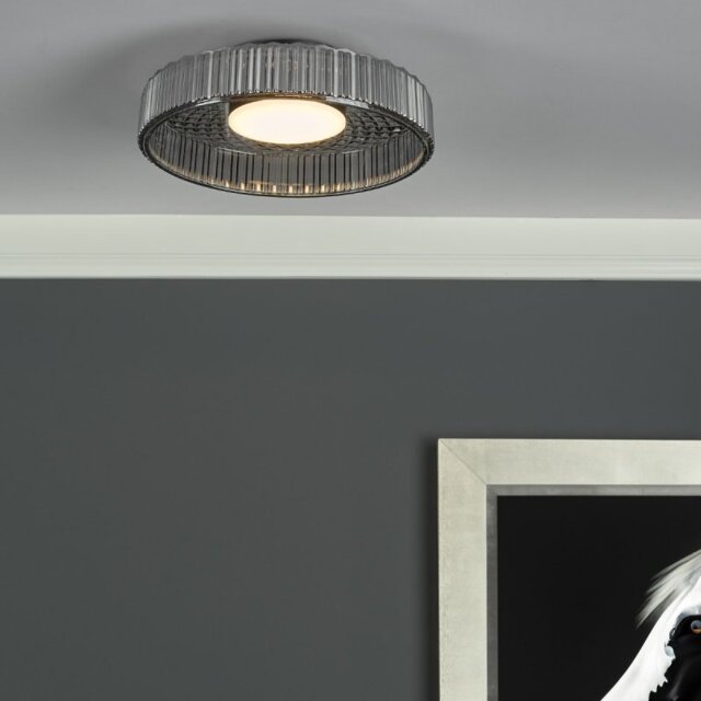 Dar Lighting Leena Flush Ceiling Light In Satin Black With Smoked Ribbed Glass LED LEE5222