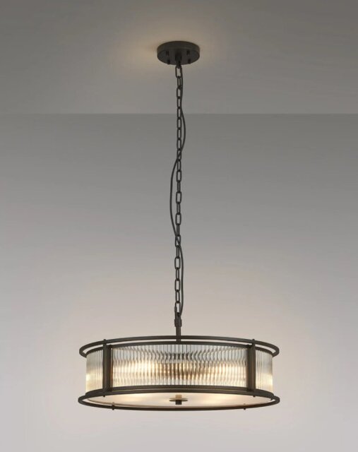 Arcade 65 cm Round Convertible Ceiling Light In Black Finish With Clear Ribbed Glass Panels