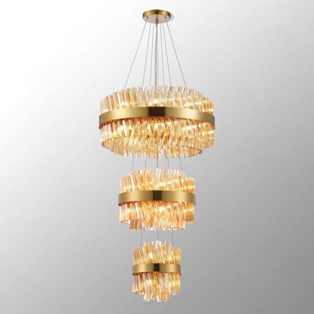 Hampton 3 Tier Ceiling Pendant Light In Brass Finish With Amber Glass 25+40+60cm