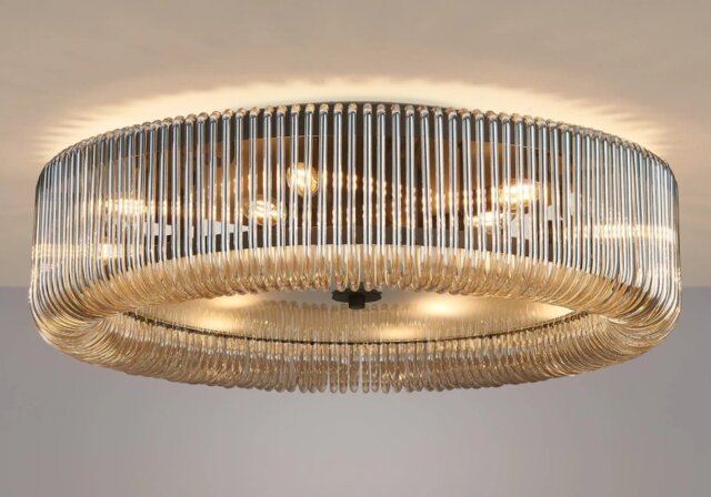 Verne 78 cm Round Flush Ceiling Light In Black Finish With Smoked Brown Glass