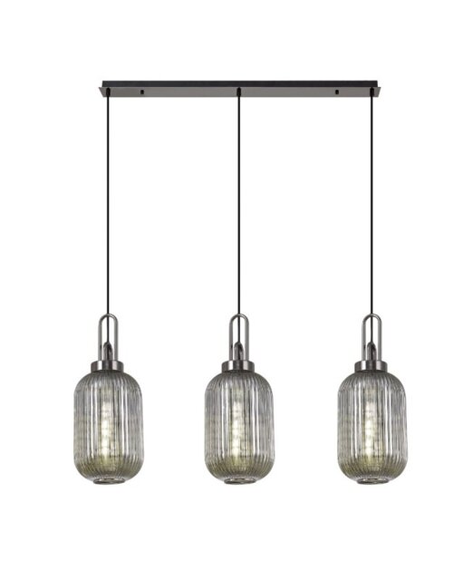 Glenn 3 Light Tubular Linear Pendant In Black Chrome With Smoked Ribbed Glass 