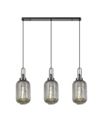 Glenn 3 Light Tubular Linear Pendant In Black Chrome With Smoked Ribbed Glass 