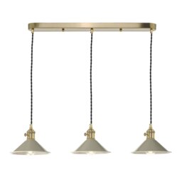 Dar Lighting Hadano 3 Light Bar Ceiling Pendant Light In Natural Brass With Taupe Shades