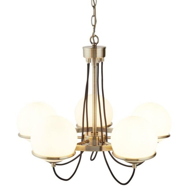 Searchlight 7095-5AB Sphere Five Light Ceiling Pendant Light In Antique Brass With Glass Shades