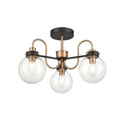Franklite FL2441-3 Equinox 3 Light Semi Flush Ceiling Light In Matt Black And Antique Gold Finish