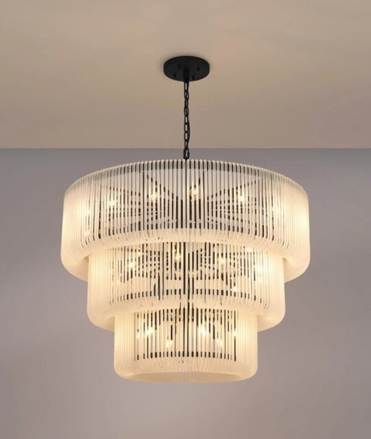 Verne 1 m 3 Tier Pendant / Semi Flush Light In Black Finish With Frosted Glass
