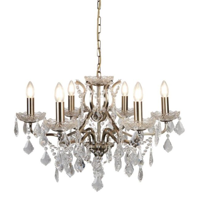 Searchlight 8736-6AB Paris Six Light Ceiling Chandelier In Antique Brass With Crystal Glass