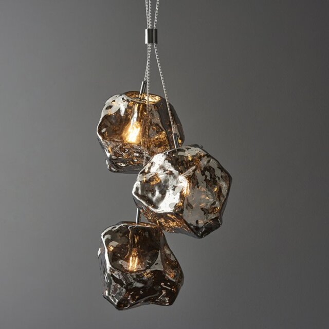 Endon Lava Volcanic Rock Triple Pendant Light With Chrome Metallic Glass Shades 97657
