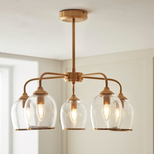 Endon 120618 Ashcroft 5 Light Ceiling Pendant Light In Brushed Aged Brass With Clear Glass