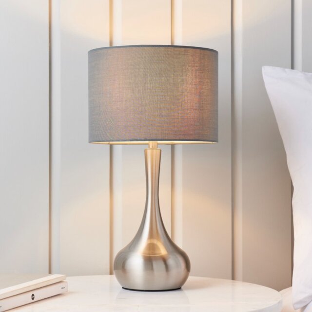 Endon 61192 Piccadilly Satin Nickel Touch Table Lamp with Dark Grey Shade