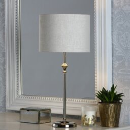 Laura Ashley Highgrove Table Lamp In Polished Nickel With Natural Linen Shade