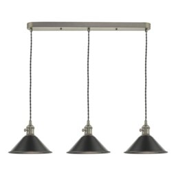Dar Lighting Hadano 3 Light Bar Ceiling Pendant Light In Antique Chrome With Pewter Shades
