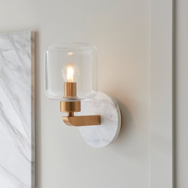 Endon 120660 Travi Wall Light In Vintage Brass With White Marble And Clear Glass