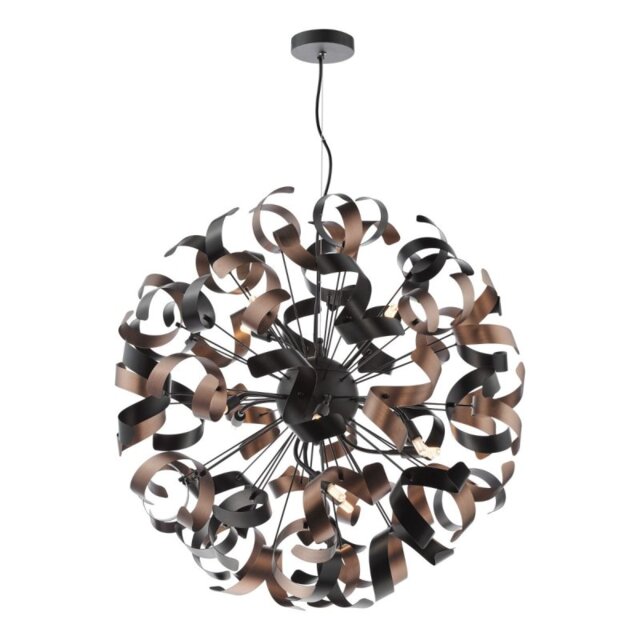 Dar Lighting Swash 12 Light Ceiling Pendant In Matt Black With Copper And Black Ribbons