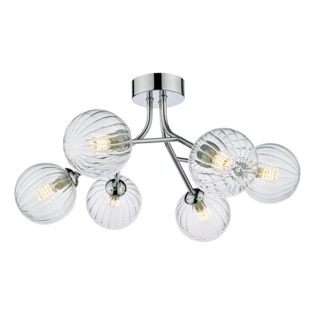 Dar Lighting Yiska 6 Light Semi Flush Ceiling Light In Polished Chrome Finish With Ribbed Glass