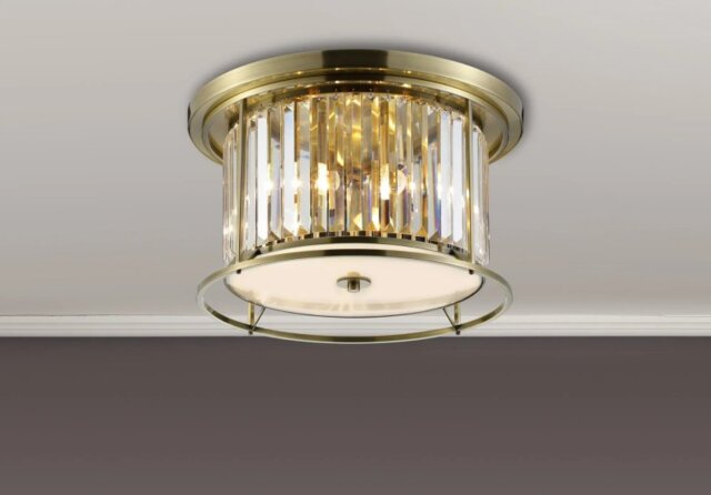 Crown 50 cm Flush Ceiling Light In Antique Brass Finish With Clear Crystal Glass