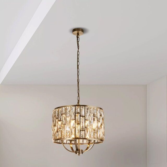 Searchlight Bijou 6585-5AB 5 Light Ceiling Pendant Light In Antique Brass Finish With Crystal Glass