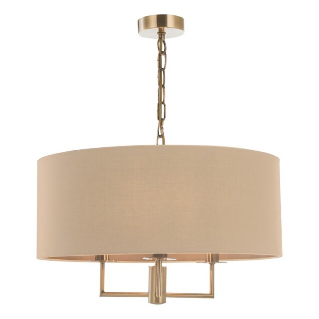 Dar Lighting Jamelia 3 Light Ceiling Pendant Light In Antique Brass Finish With Taupe Faux Silk Shade
