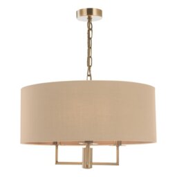 Dar Lighting Jamelia 3 Light Ceiling Pendant Light In Antique Brass Finish With Taupe Faux Silk Shade
