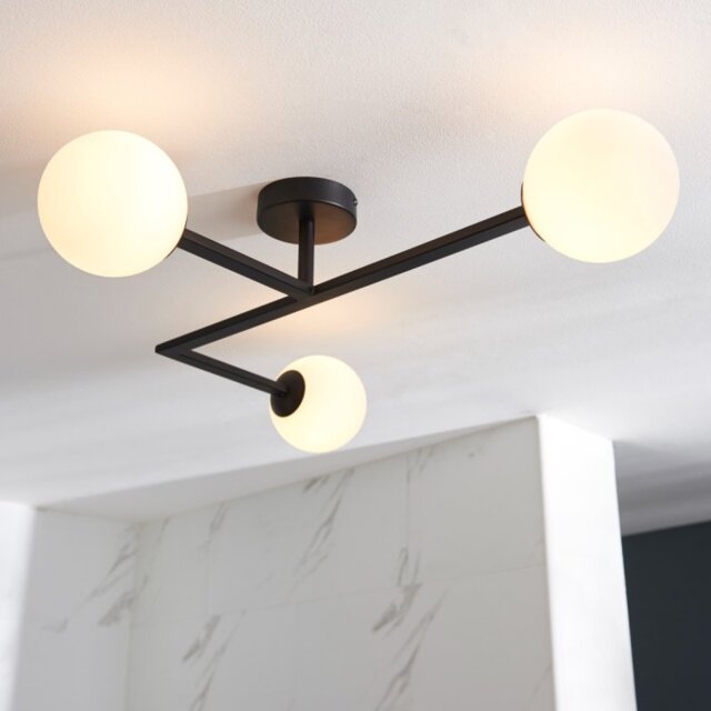 Freya Bathroom 3 Light Semi Flush Ceiling Light In Matt Black With Opal Glass Shades IP44