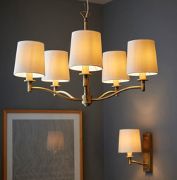 Endon 70245 Ortona Five Light Ceiling Pendant Light In Matt Antique Brass And White Faux Silk Shades