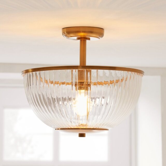 Endon 118750 Somerset Uplighter Flush Ceiling Light In Vintage Brass With Ribbed Glass