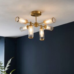 Pillar 6 Light Semi Flush Ceiling Light In Satin Brass With Clear Ribbed And Frosted Glass