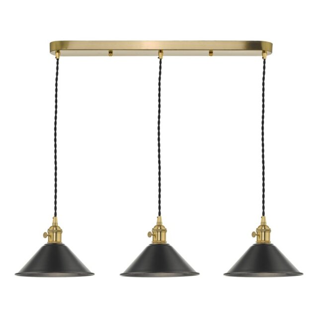 Dar Lighting Hadano 3 Light Bar Ceiling Pendant Light In Natural Brass With Pewter Shades