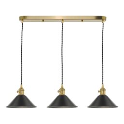Dar Lighting Hadano 3 Light Bar Ceiling Pendant Light In Natural Brass With Pewter Shades