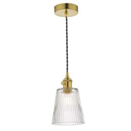 Dar Lighting Hadano Single Ceiling Pendant Light In Natural Brass With Ribbed Glass Shade