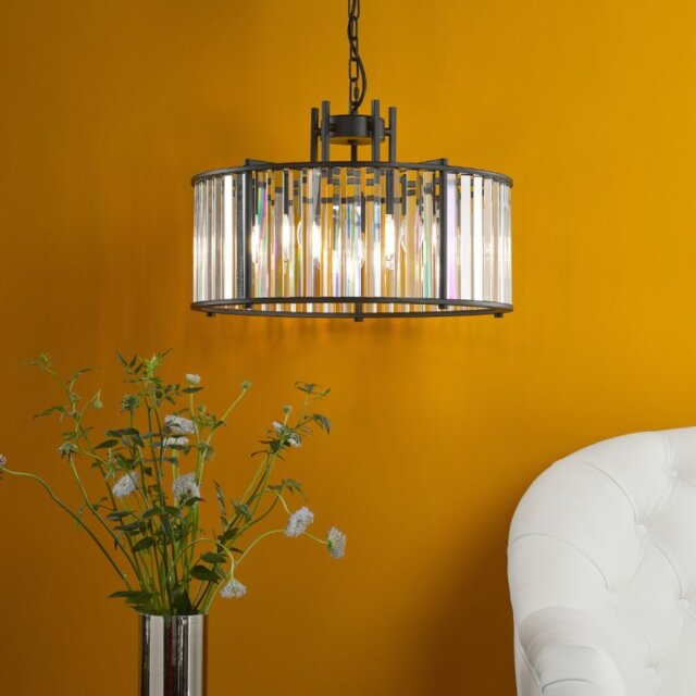 Dar Lighting Kiran 5 Light Glass Ceiling Pendant Light In Satin Black Finish KIR0522
