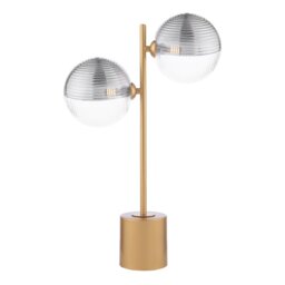 Dar Lighting Spiral 2 Light Table Lamp In Matt Gold Finish With Smoked And Clear Ribbed Glass