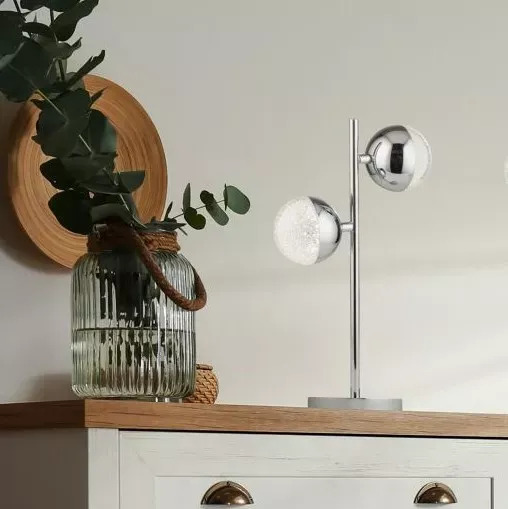 Searchlight Eclipse 2 Light Table Lamp In Chrome With Crystal Sand