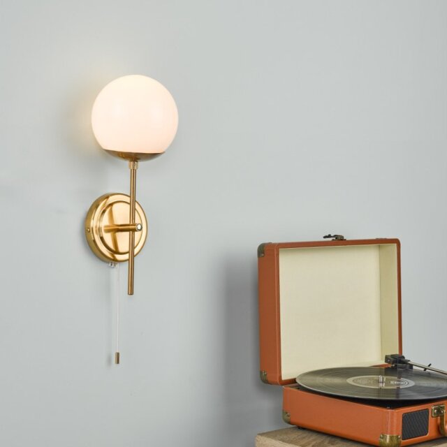 Dar Lighting BOM0735 Bombazine Wall Light In Natural Brass With Opal Glass