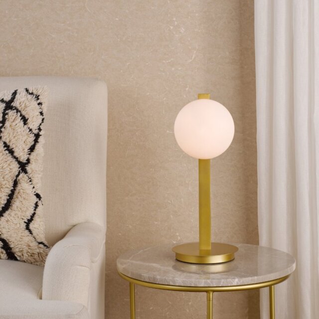 Dar Lighting Tauri Table Lamp In Matt Gold With Opal Glass Shade