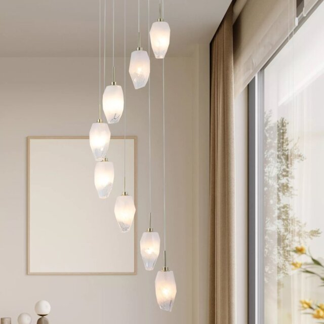 Searchlight Rocky 8 Light Cluster Ceiling Light In Satin Brass Finish With Glass Shades 23147-8SB