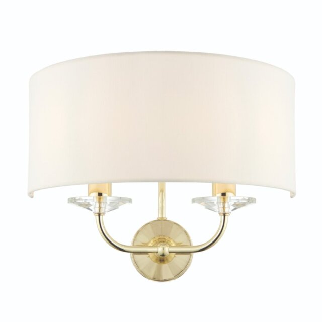 Endon 70562 Nixon 2 Light Wall Light In Brass WIth Crystal Glass And Vintage White Faux Silk Shade