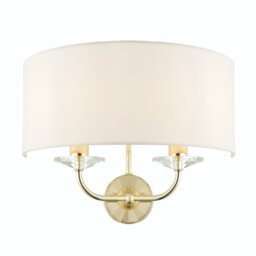 Endon 70562 Nixon 2 Light Wall Light In Brass WIth Crystal Glass And Vintage White Faux Silk Shade