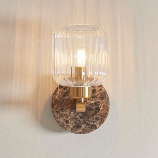 Endon 120669 Travi Wall Light In Vintage Brass With Dark Brown Marble And Ribbed Glass