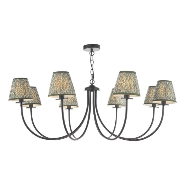 Dar Lighting Becca 8 Light Ceiling Pendant Light In Matt Black Finish Green With Shades