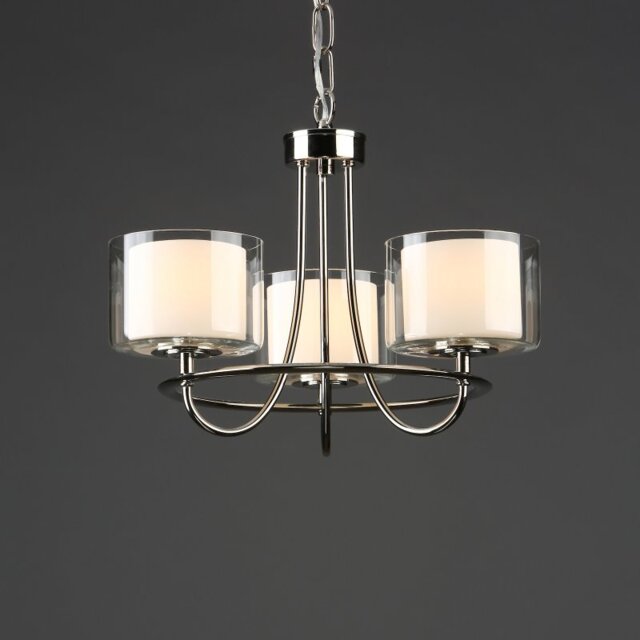 Laura Ashley Southwell 3 Light Chandelier In Polished Nickel With Clear And Opal Glass Shades