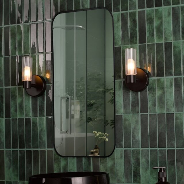 Dar Lighting Bolton Bathroom Wall Light In Matt Black With Ribbed Glass IP44