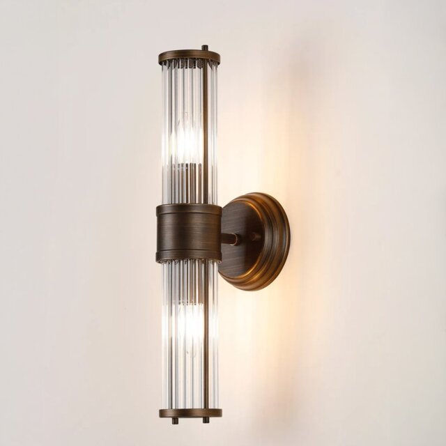 Pillar Up And Down 2 Light Bathroom Wall Light In Bronze And Clear Glass Rods IP44 E14