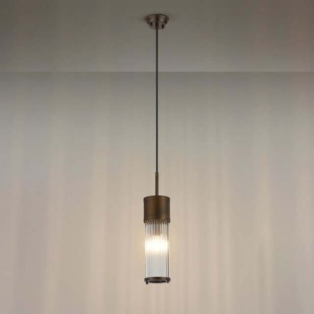 Pillar Bathroom Single Ceiling Pendant Light In Bronze And Clear Glass Rods IP44 E14